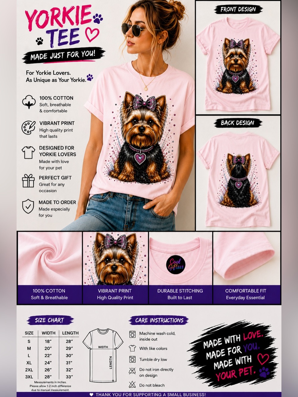 Yorkie Graphic Short Sleeve Tee spoil faux rhinestones S M L XL or any pet
